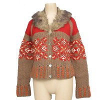 Hand knit fur collar long sleeves cardigan