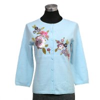 12gg 3/4 sleeves w/beading/embroidery/applique flower/cover buttons on front cardigan